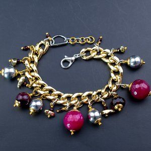 Multi stone charm chain bracelet boho, statement colorful bracelet unusual